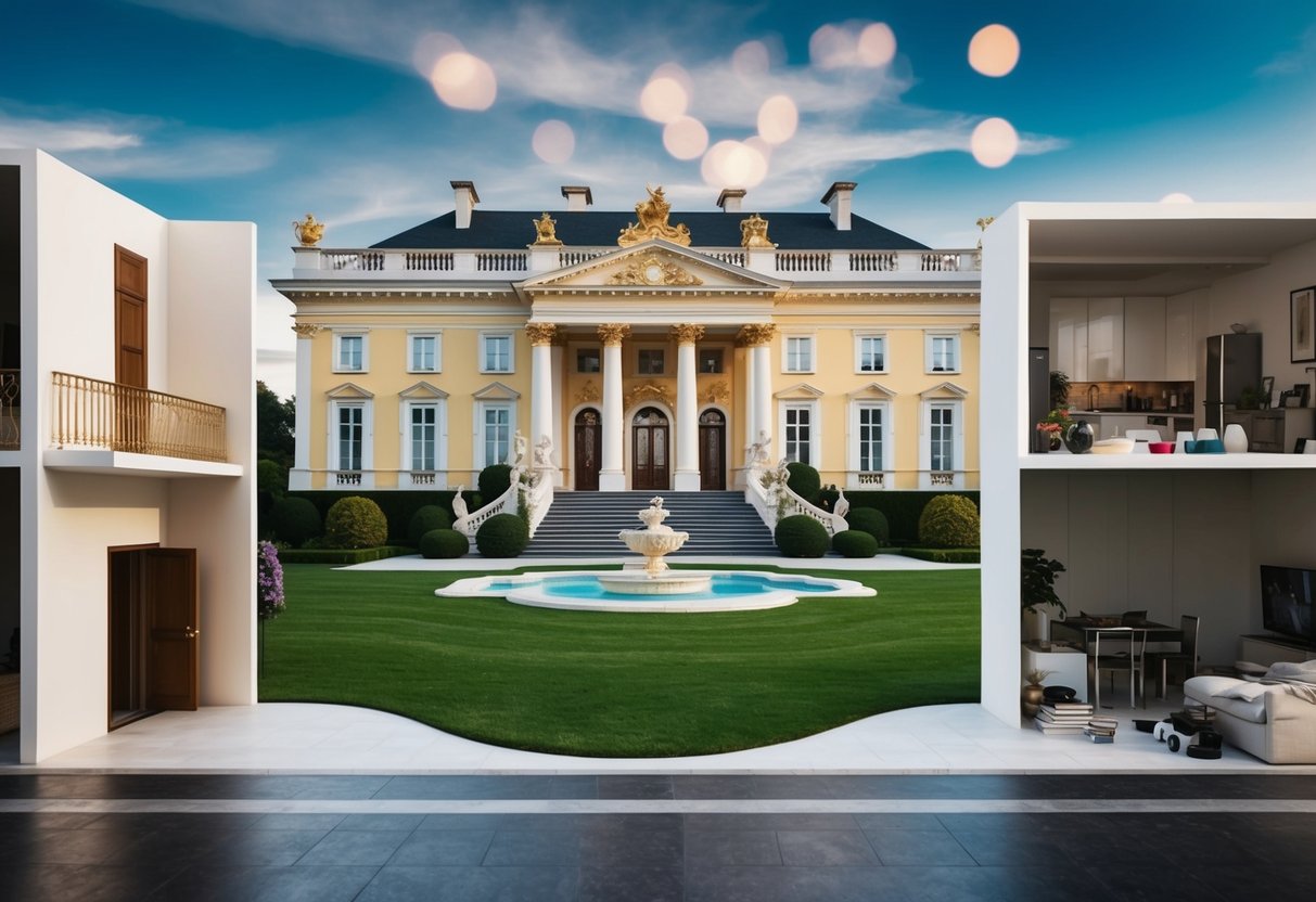 Una gran mansión con una decoración opulenta contrasta con un apartamento modesto y desordenado. El dinero y el lujo se representan de manera exagerada e irreal.