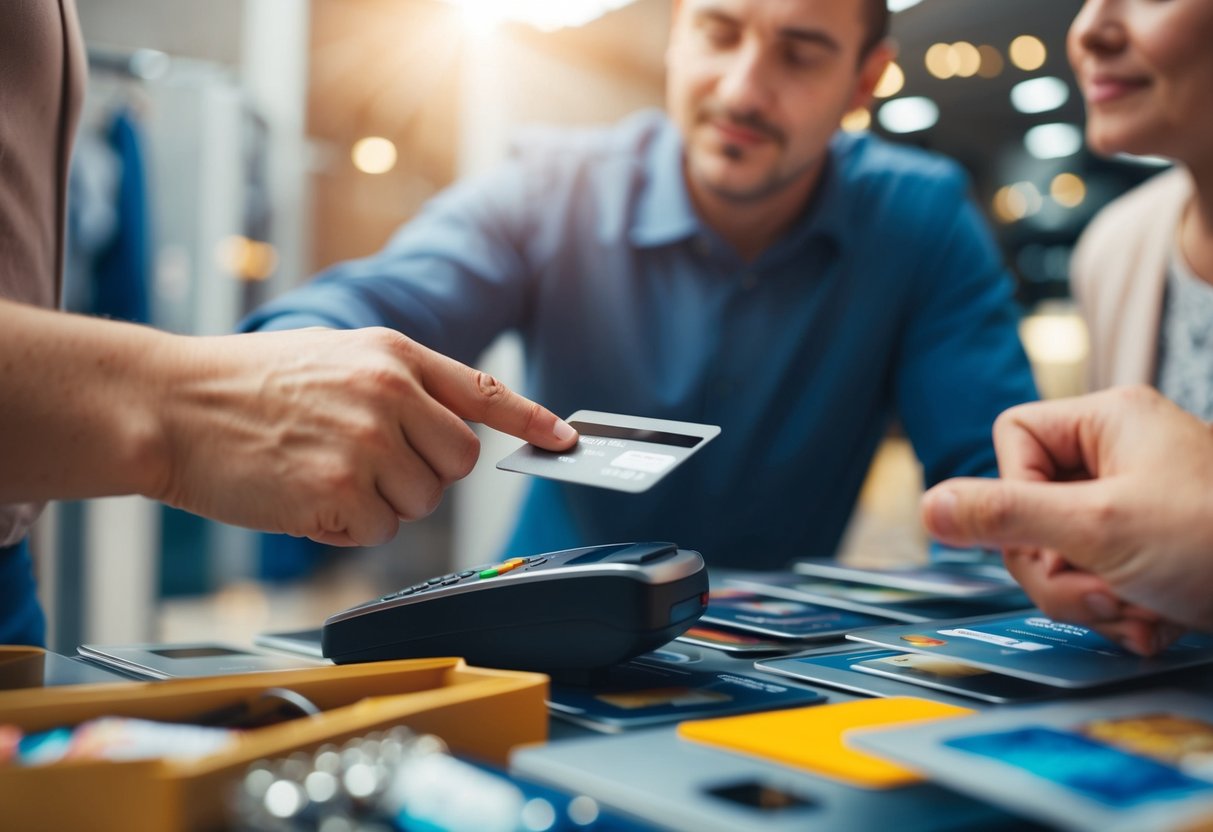 Una persona usa cuidadosamente una tarjeta de crédito para una compra, mientras otra persona observa con preocupación. La primera persona está rodeada de artículos tentadores, pero está haciendo un esfuerzo consciente para evitar gastar de más.