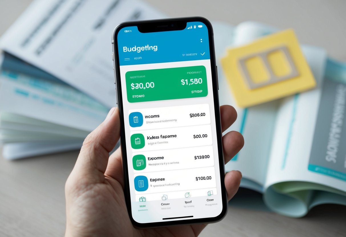 Una interfaz de aplicación de presupuesto simple en la pantalla de un smartphone, con características de seguimiento de ingresos y gastos, ambientada en un contexto de un presupuesto ajustado.