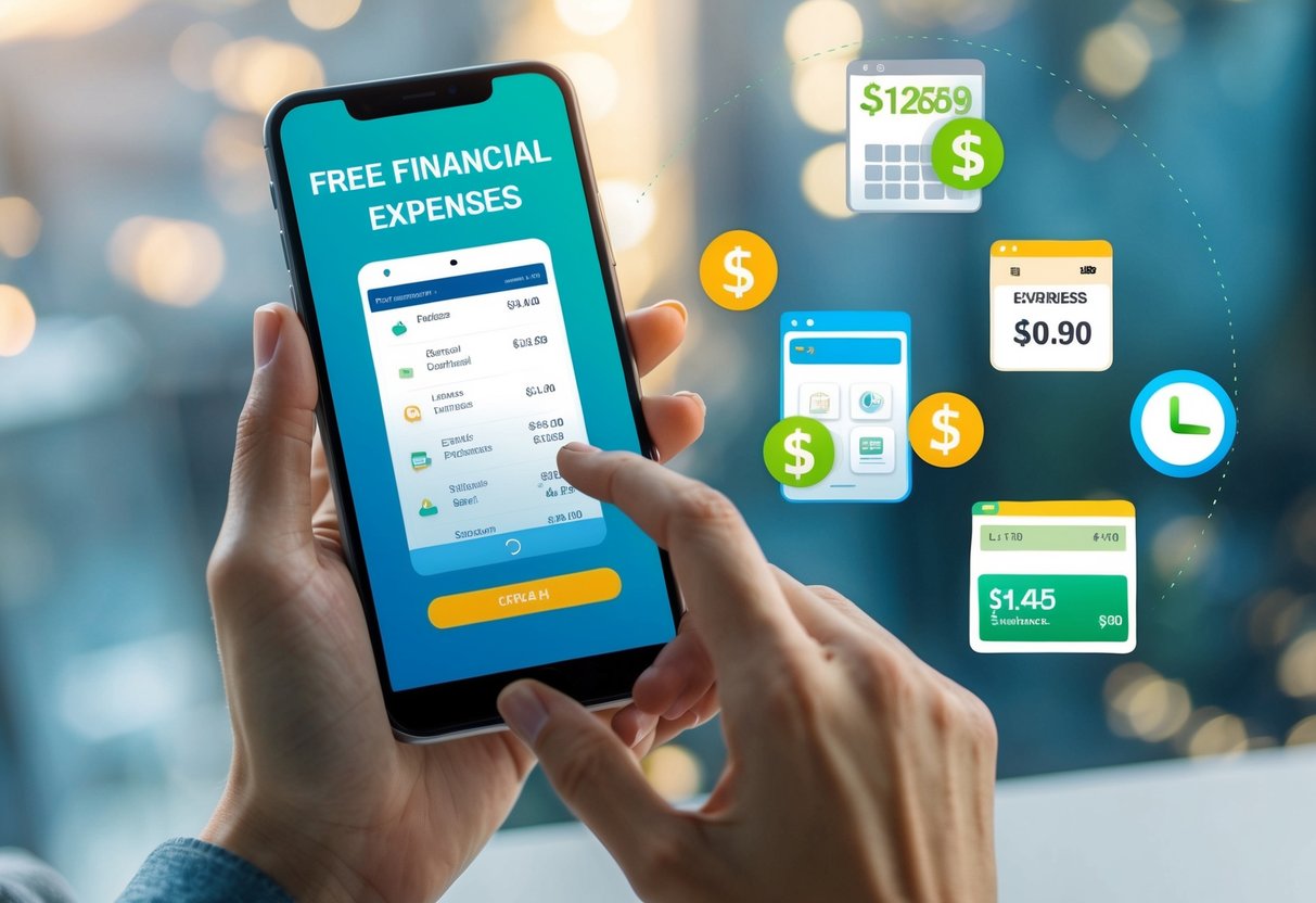 Una persona utilizando un teléfono inteligente para rastrear gastos con varias aplicaciones de gestión financiera gratuitas mostradas en la pantalla