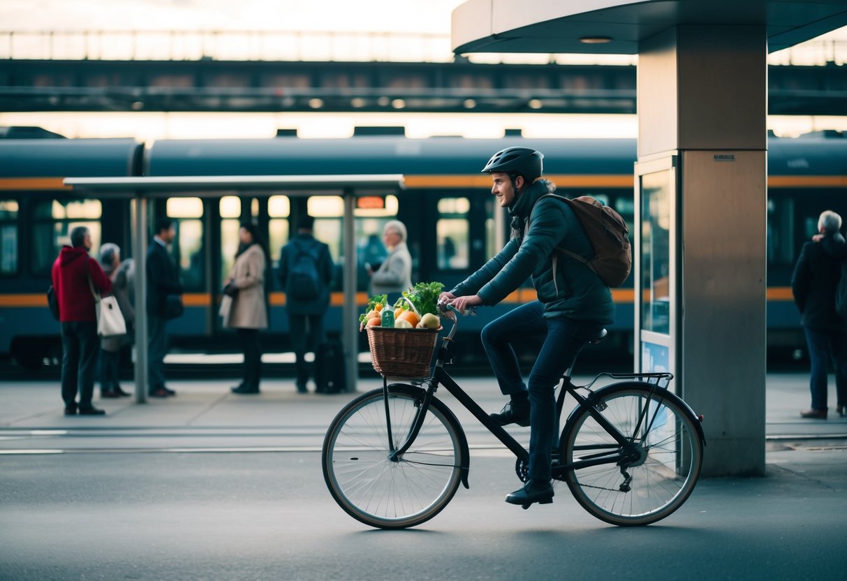 Una persona montando una bicicleta con una canasta llena de comestibles, pasando por una parada de autobús con personas esperando, mientras un tren viaja por las vías arriba.