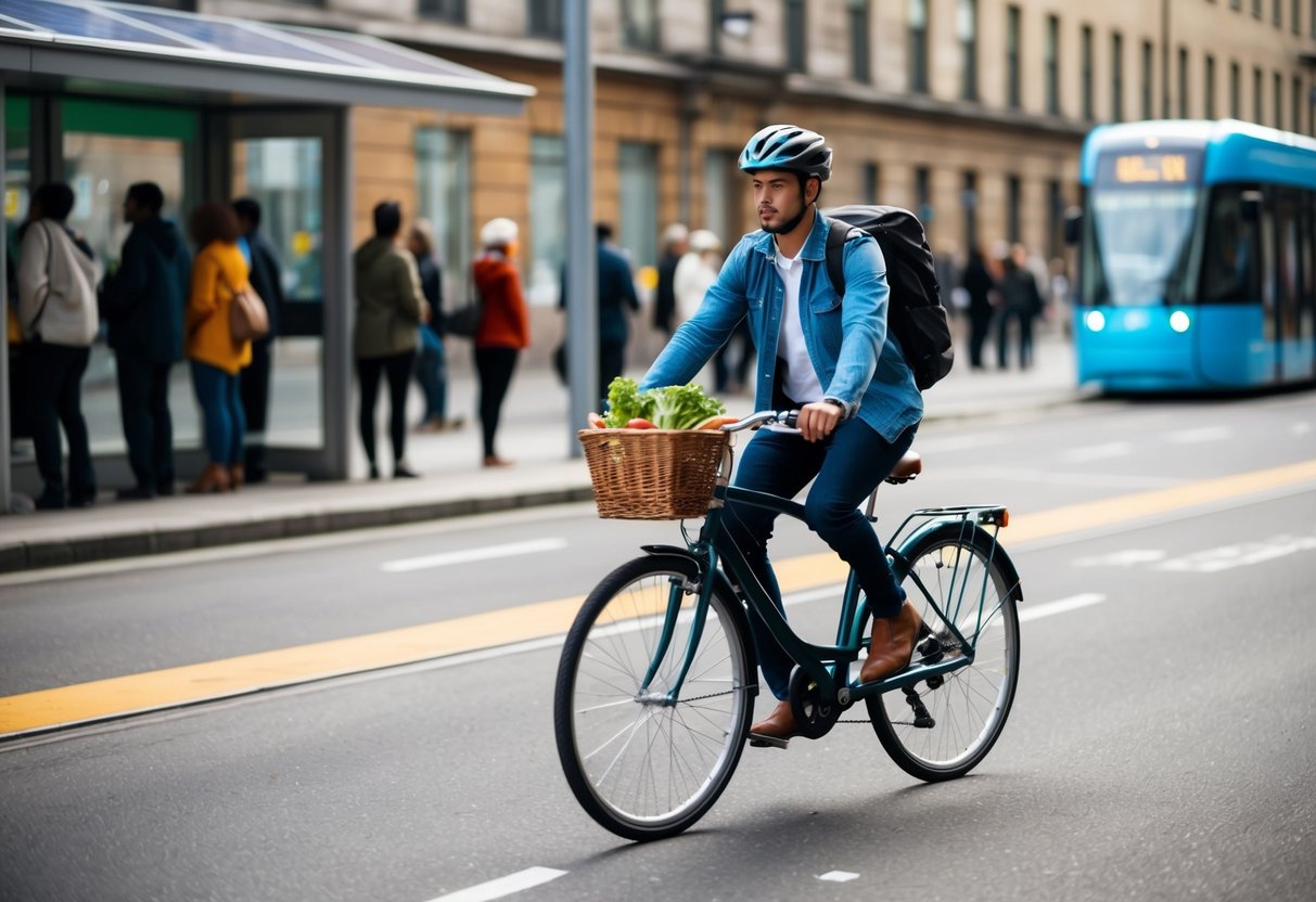 Una persona montando una bicicleta con una canasta llena de comestibles, pasando por una parada de autobús con personas esperando, mientras un tranvía alimentado por energía solar circula por la calle.