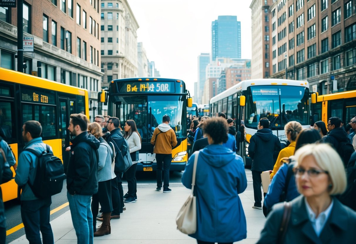 Una parada de autobús concurrida con personas esperando, mientras un autobús llega y otros salen. Los edificios circundantes y el tráfico indican un entorno urbano.