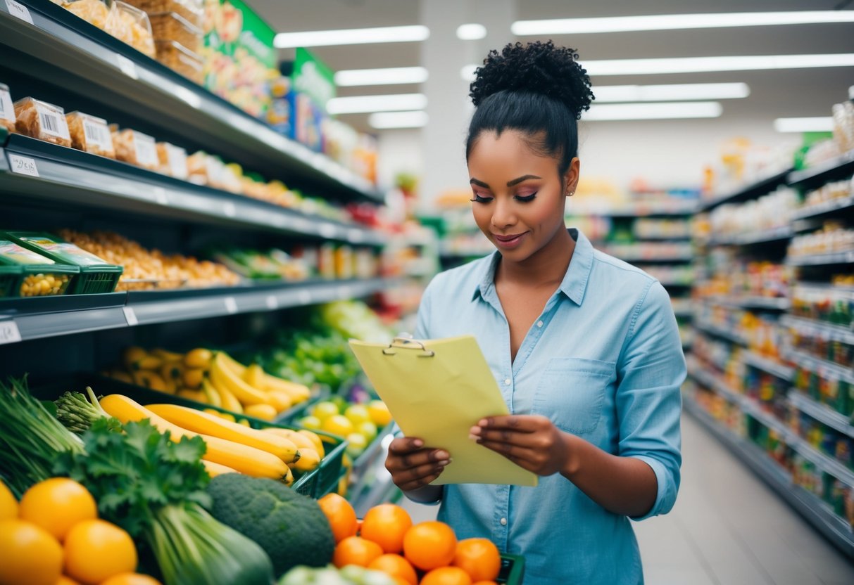 Una persona comparando precios cuidadosamente y haciendo una lista antes de ir al supermercado, con un enfoque en opciones nutritivas y económicas.