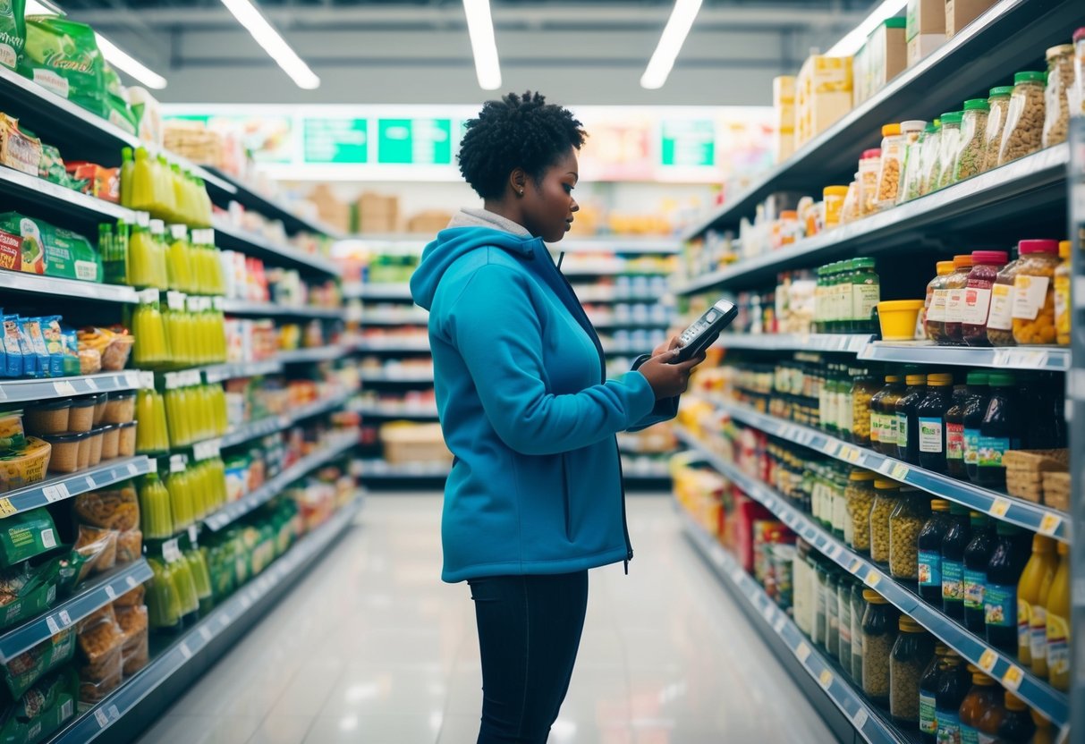 Una persona está de pie en una tienda de comestibles, comparando cuidadosamente precios y etiquetas nutricionales de varios productos alimenticios. Sostiene una lista en una mano y una calculadora en la otra, decidida a ahorrar dinero mientras se alimenta.