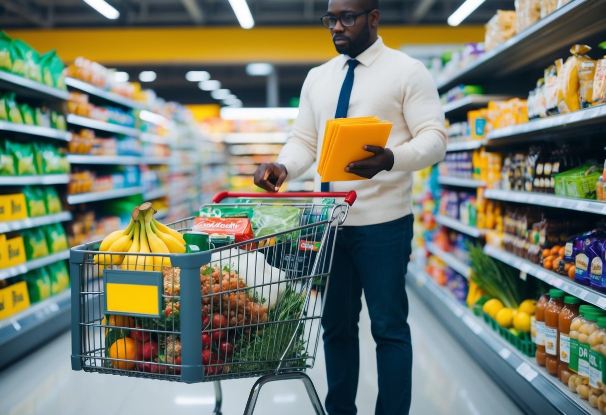 Una persona que sostiene un carrito de compras lleno de varios comestibles, comparando precios y leyendo etiquetas para tomar decisiones inteligentes y económicas en el supermercado.
