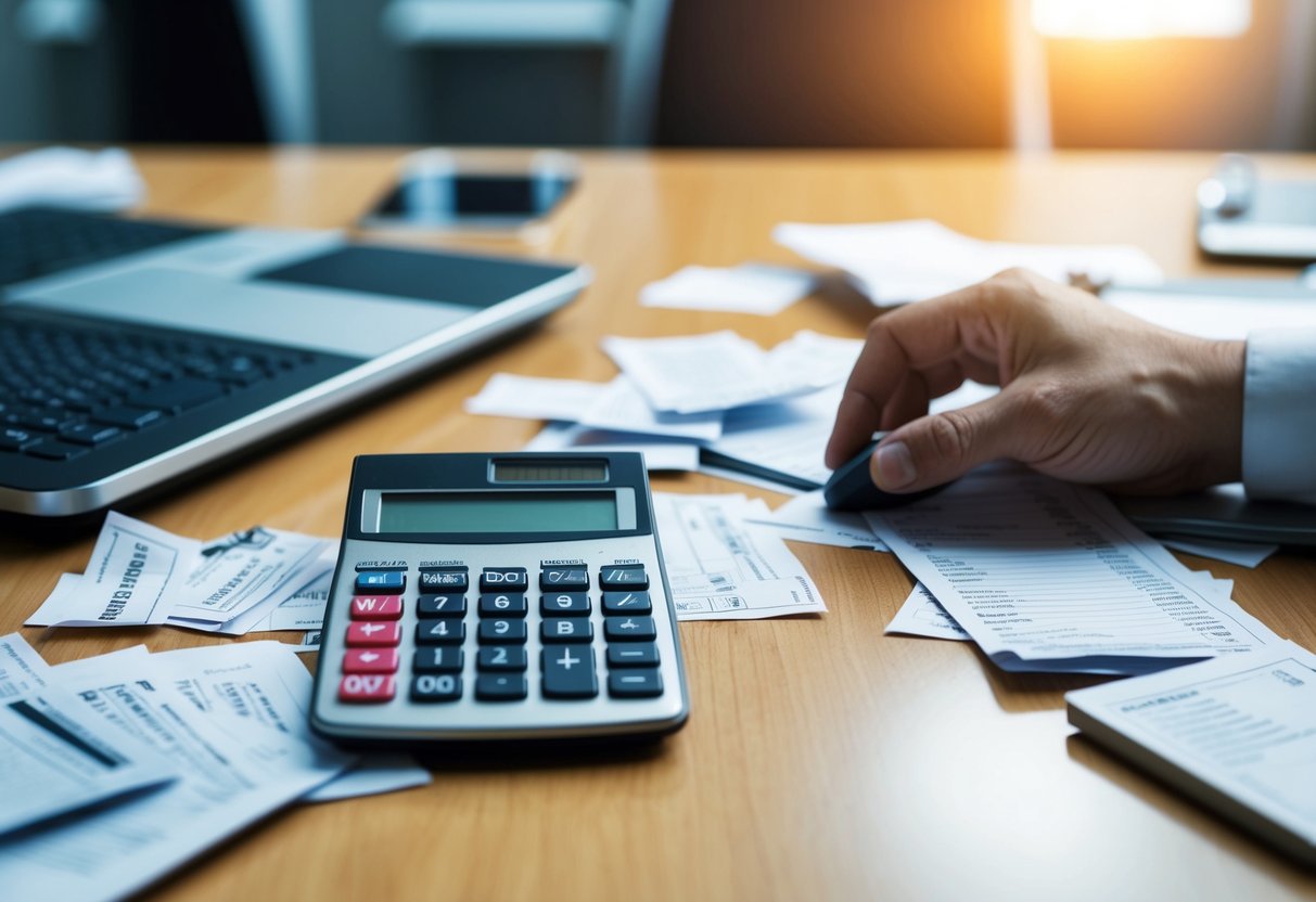 Un escritorio desordenado con facturas y recibos esparcidos, una expresión confundida y una calculadora con un mensaje de error.