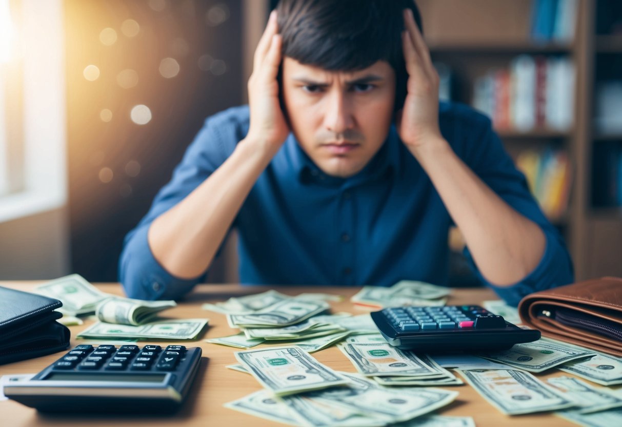 Un escritorio desordenado con facturas esparcidas, una billetera vacía y una calculadora. Una expresión de preocupación en el rostro de una figura sin cara.