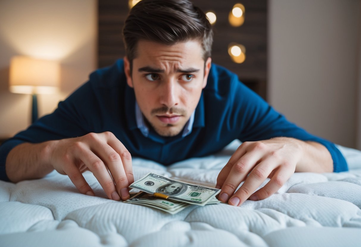 Una persona colocando dinero debajo de un colchón, con una expresión preocupada