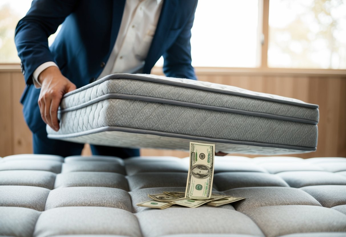 Una persona levantando un colchón y colocando dinero debajo de él
