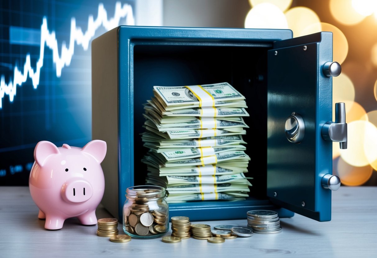 Una caja fuerte segura con un montón de dinero dentro, rodeada de una alcancía, un tarro de monedas y un gráfico de inversión financiera.