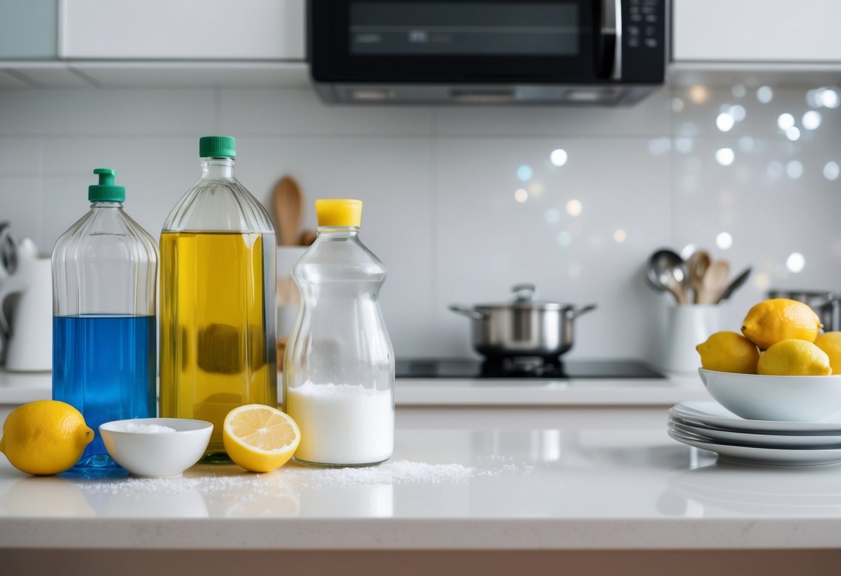 Una encimera de cocina desordenada con vinagre, bicarbonato de sodio y limones al lado de superficies y platos relucientemente limpios