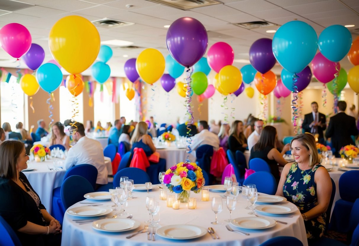 Cintas de colores y globos llenan la habitación. Las mesas están adornadas con centros de mesa económicos. Los invitados socializan en un ambiente animado y amigable con el presupuesto.