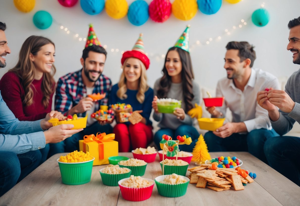 Una escena colorida y festiva con decoraciones hechas en casa, bocadillos económicos y juegos para que los invitados disfruten sin gastar mucho dinero.