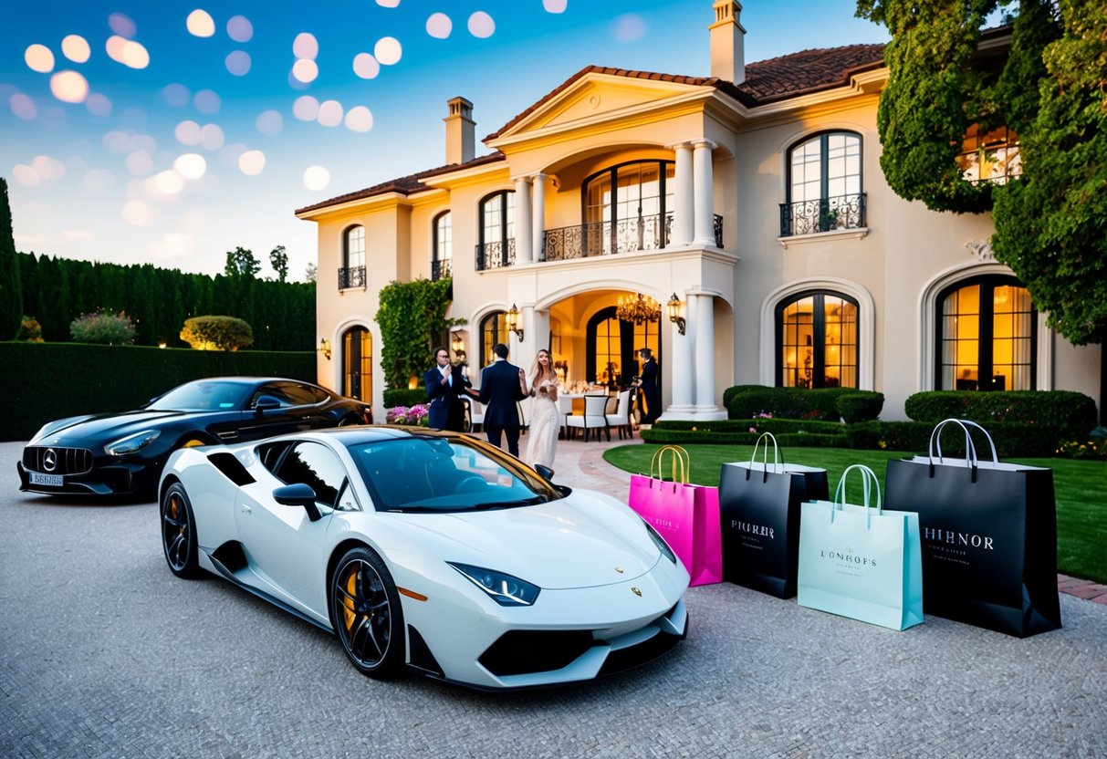 Una mansión lujosa con un coche deportivo en la entrada, bolsas de compras extravagantes y una fiesta glamurosa con champán y ropa de diseñador