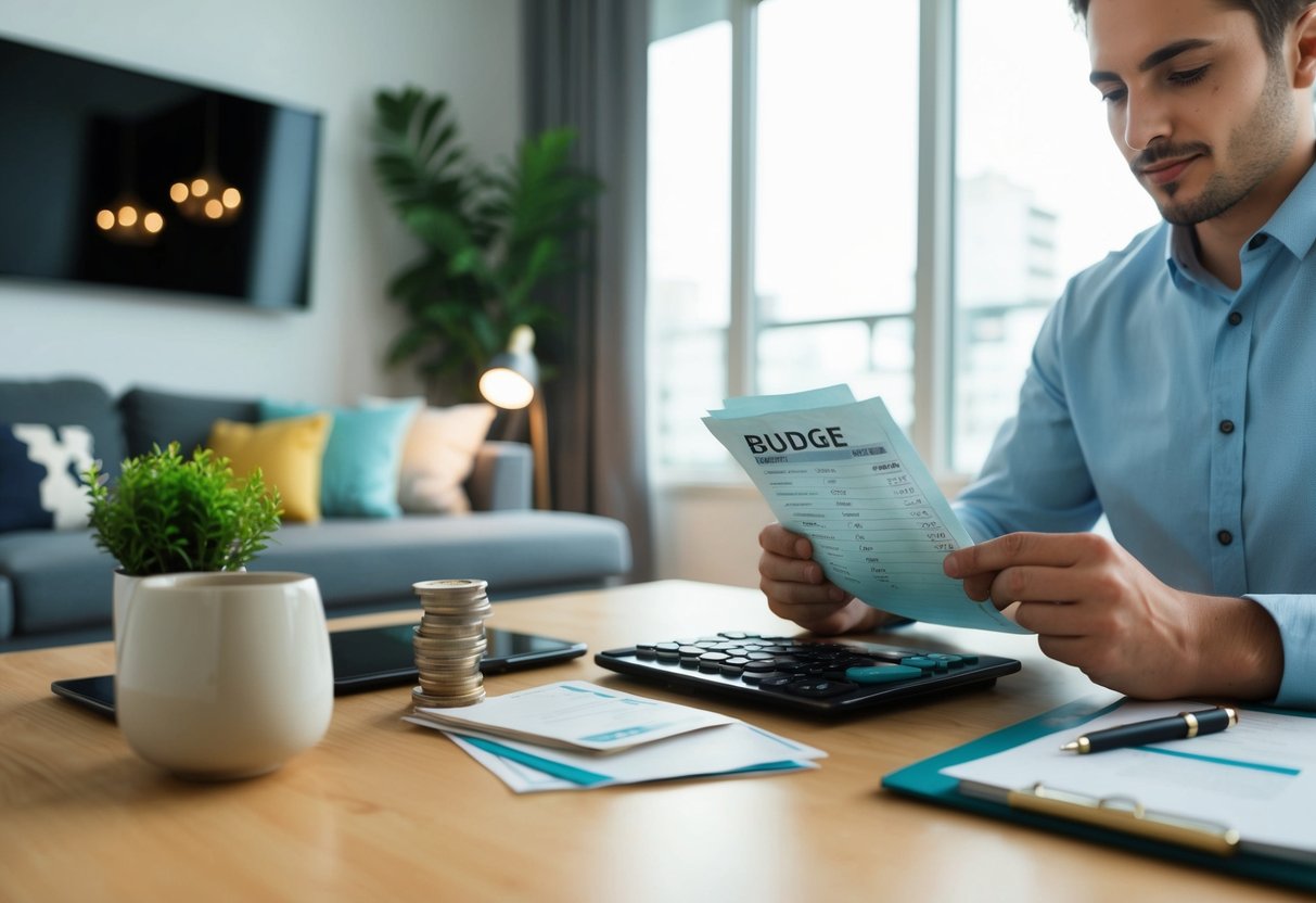 Un apartamento acogedor con una decoración económica y soluciones eficientes para ahorrar espacio. Una persona gestionando cuidadosamente sus finanzas y facturas.