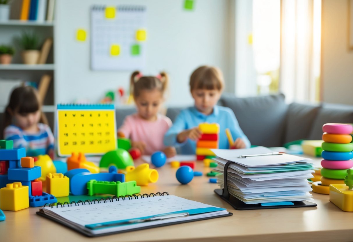 Un hogar ajetreado con juguetes de niños esparcidos por todas partes, un calendario con fechas resaltadas y una pila de facturas en un escritorio desordenado.