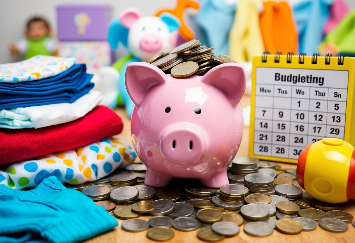 Una alcancía rebosante de monedas, rodeada de juguetes, pañales y ropa de niños. Un calendario con fechas marcadas para el presupuesto y el ahorro.