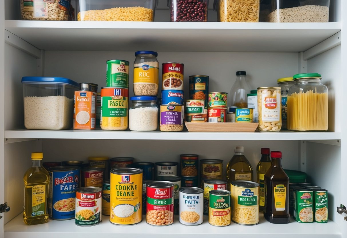 Una despensa simple con estantes llenos de alimentos básicos como arroz, frijoles, productos enlatados, pasta y aceite de cocina.