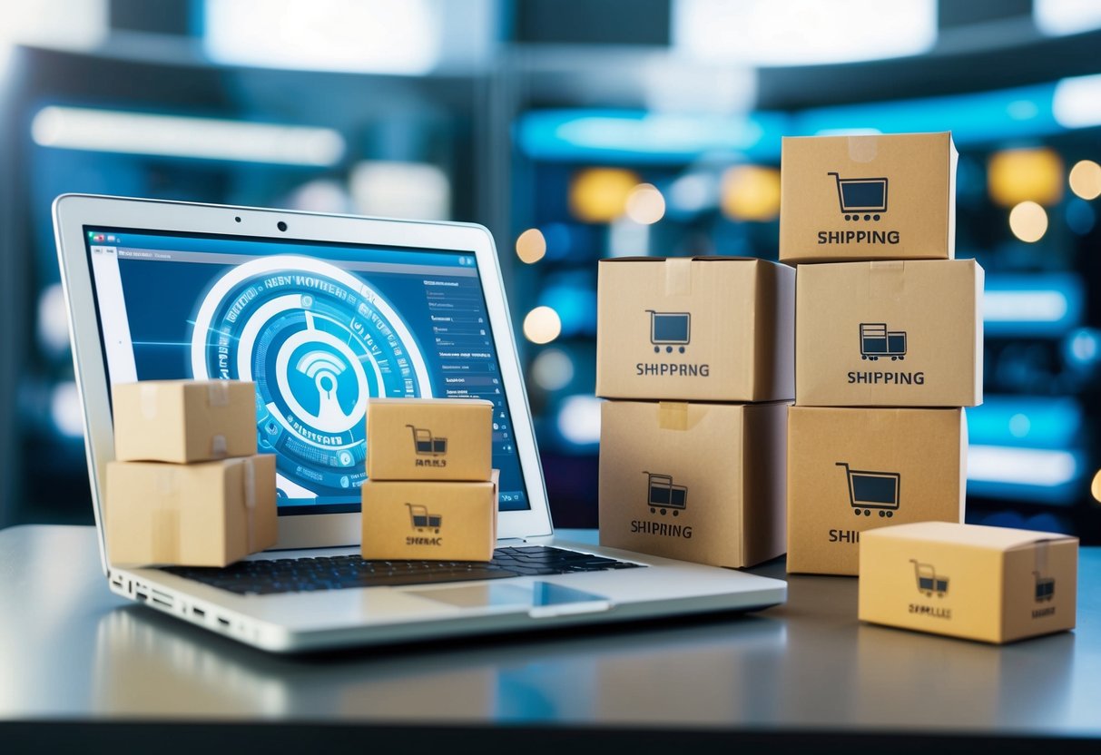 Una laptop con una conexión a internet segura, un montón de cajas de envío y varios productos exhibidos en una tienda virtual.