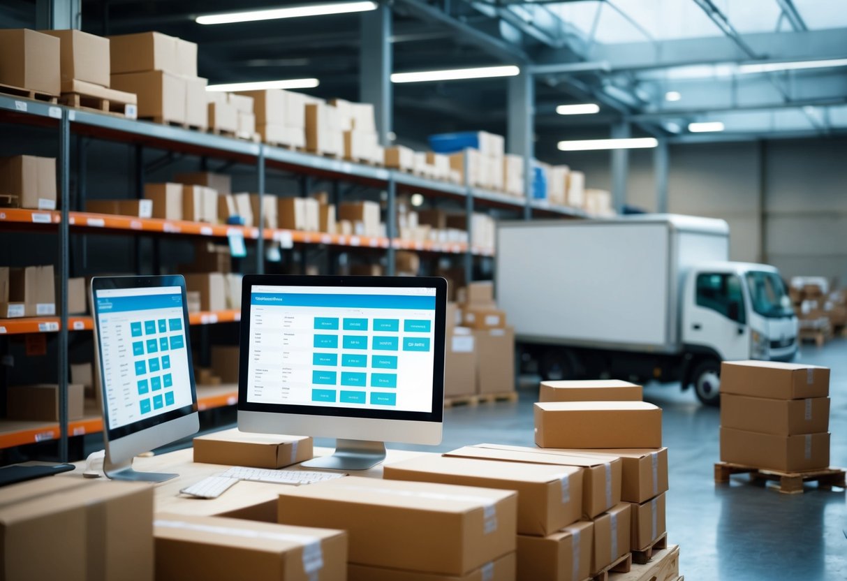 Un bullicioso mercado en línea con estanterías vacías y una computadora que muestra datos de ventas. Se están preparando paquetes para el envío mientras un camión de entrega espera afuera.