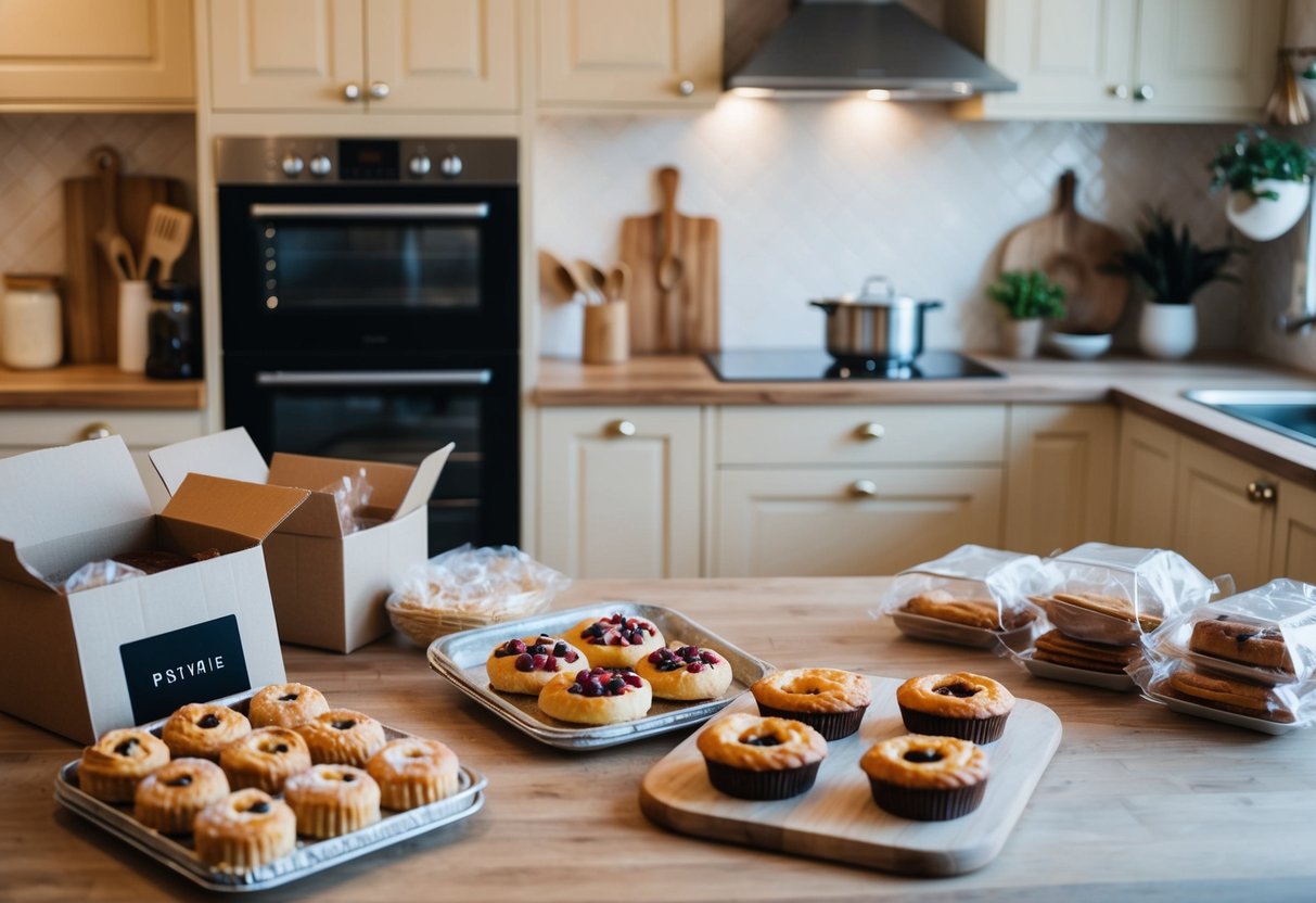 Una acogedora cocina en casa llena de suministros de repostería, un horno caliente y deliciosos pasteles siendo empaquetados para entrega