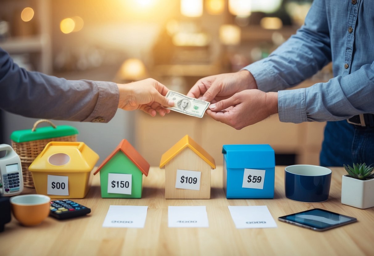 Varios artículos del hogar dispuestos sobre una mesa con una etiqueta de precio. Una persona entregando dinero al vendedor.