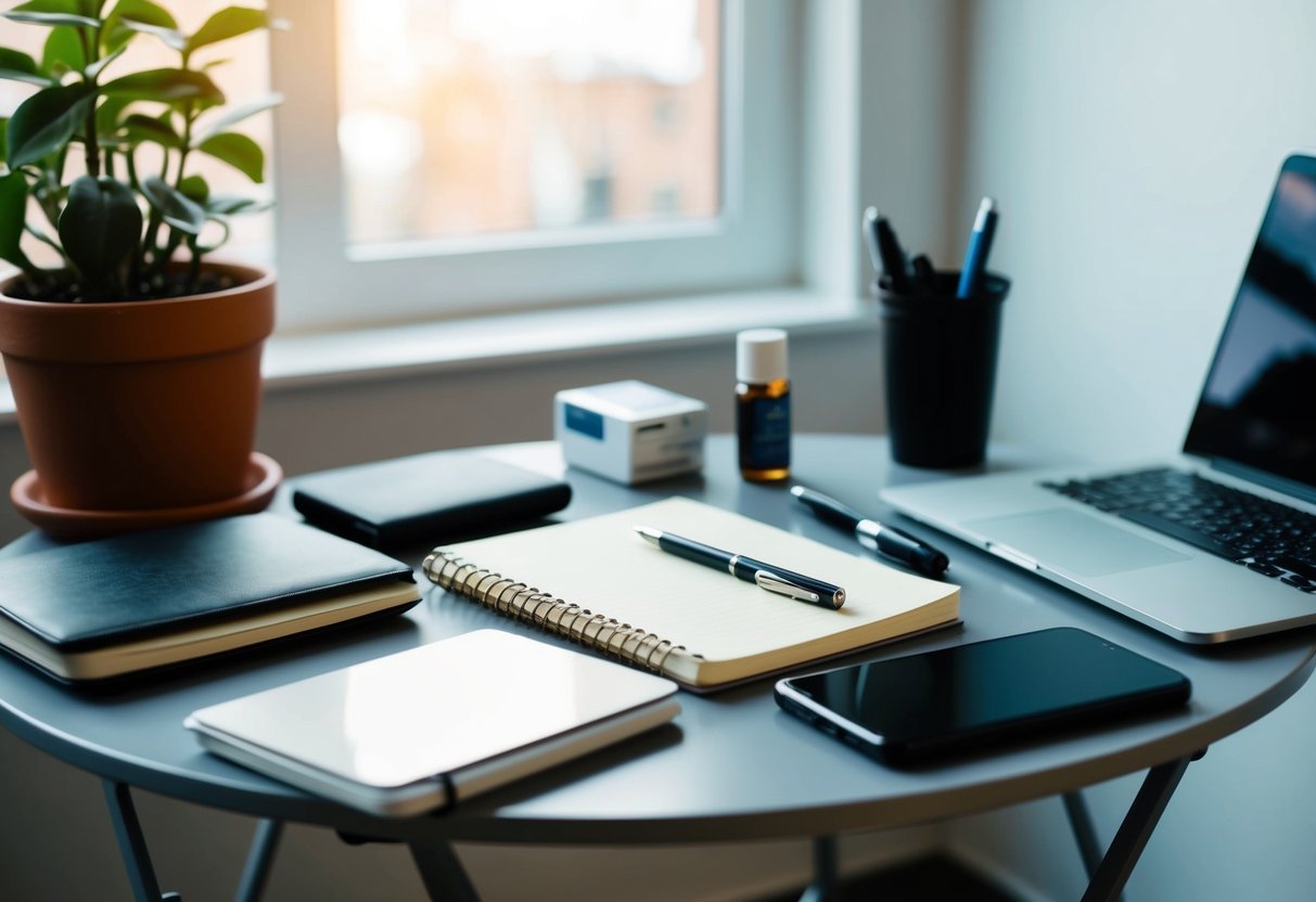 Una mesa pequeña con varios artículos económicos como un cuaderno, un bolígrafo, una computadora portátil y algunos productos pequeños. Una planta se encuentra en la esquina, añadiendo un toque de verdor a la escena.