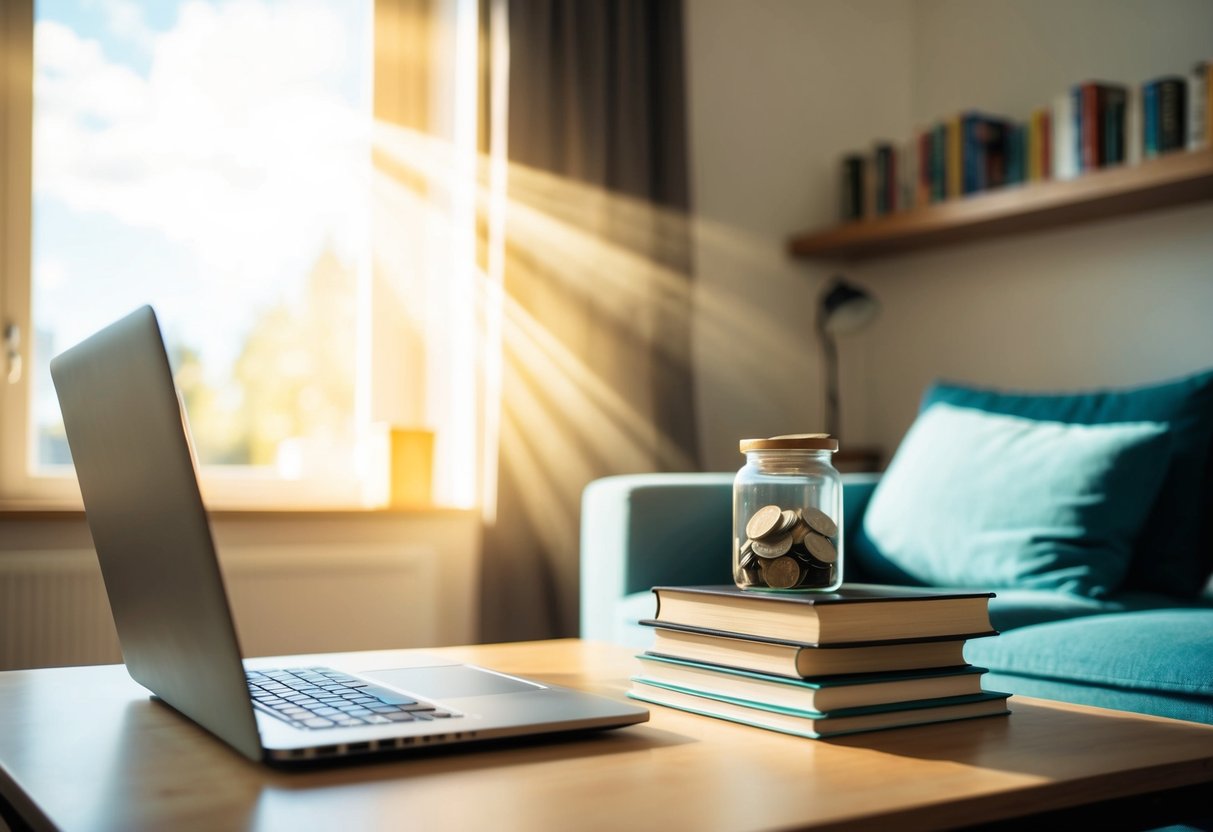 Una sala de estar acogedora con una laptop en una mesa de café, una pila de libros y un tarro de monedas en una estantería. La luz del sol entra por la ventana, creando una atmósfera cálida y acogedora.