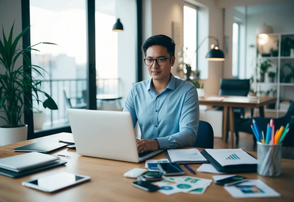 Una persona trabajando en un escritorio con una computadora portátil, rodeada de diversas fuentes de ingresos como un negocio secundario, trabajo independiente e inversiones.