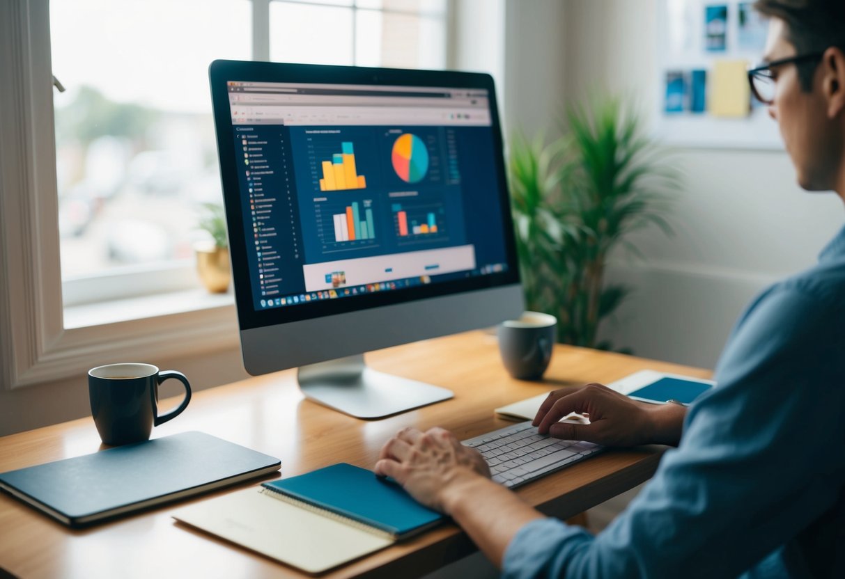 Una acogedora oficina en casa con una computadora, cuaderno y taza de café. Una persona está trabajando en estrategias digitales para ganar dinero desde casa.