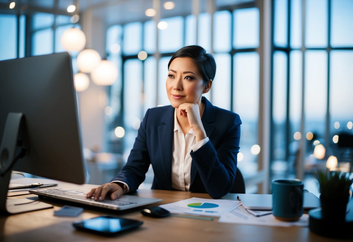 Una persona sentada frente a una computadora, con una expresión pensativa, rodeada de dispositivos digitales y documentos, considerando los pros y los contras de los préstamos en línea.