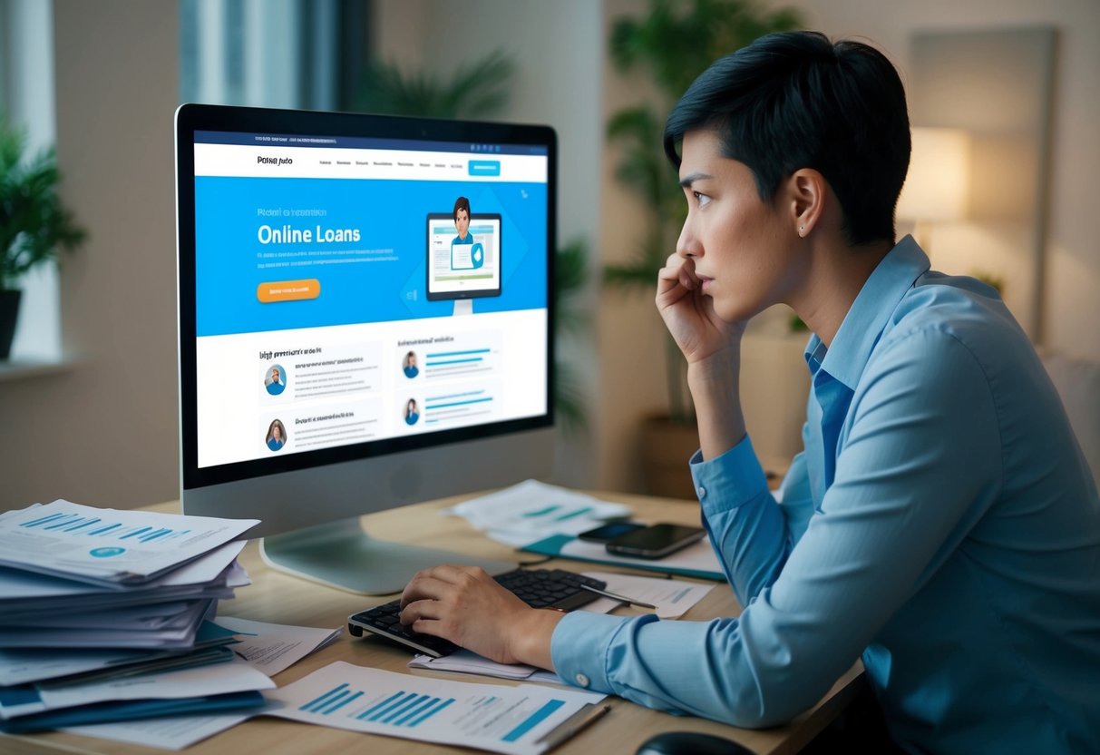 Una persona sentada frente a una computadora, luciendo preocupada mientras está rodeada de varios documentos financieros y facturas. La pantalla muestra una página web de préstamos en línea con una mezcla de reseñas positivas y negativas.