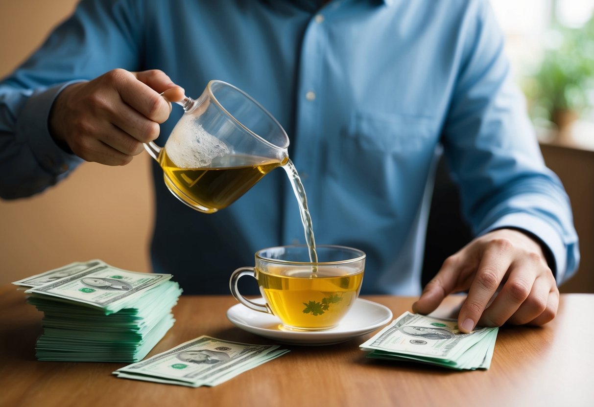 Una persona sirviendo una taza de té de hierbas mientras mira un montón de facturas