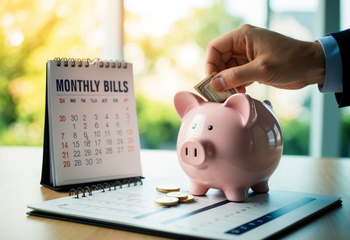 Un calendario con cuentas mensuales marcadas y una mano insertando dinero en una alcancía