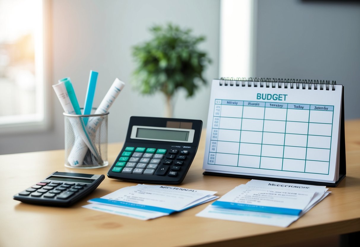 Un escritorio con un calendario, calculadora y planificador de presupuesto. Las facturas y recibos están organizados de manera ordenada, con un cronograma de pagos claro exhibido.