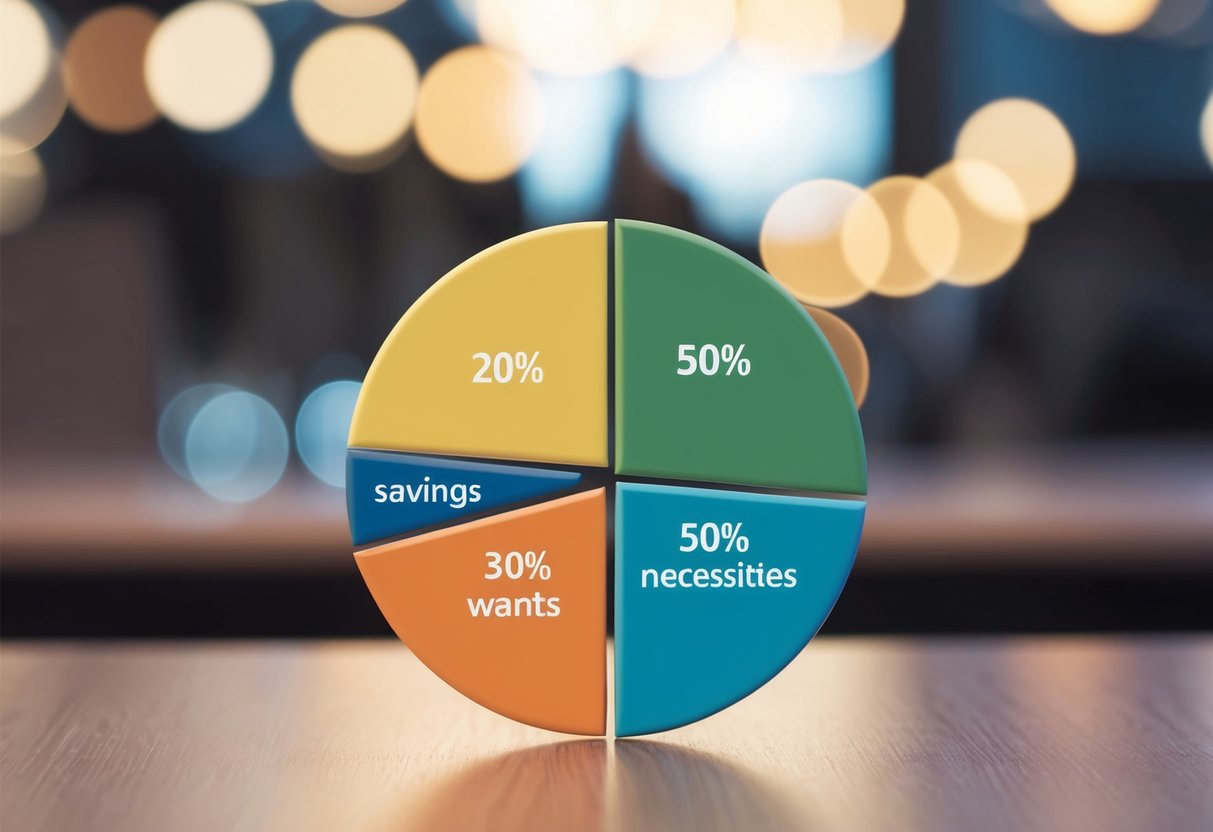 Un gráfico de pastel de presupuesto simple con tres secciones: 50% necesidades, 30% deseos y 20% ahorros