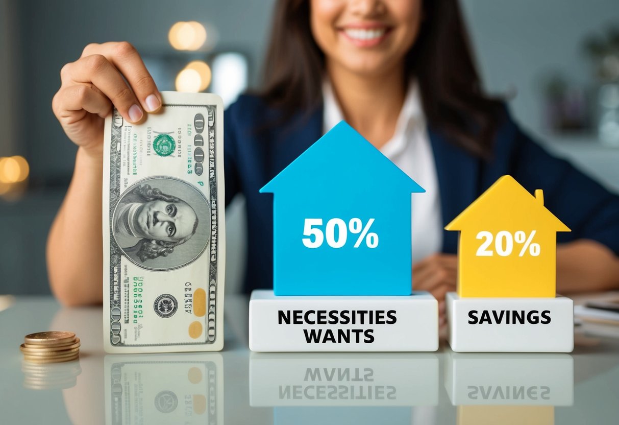 Una persona con un salario mínimo dividiendo su ingreso en 50% necesidades, 30% deseos y 20% ahorros.