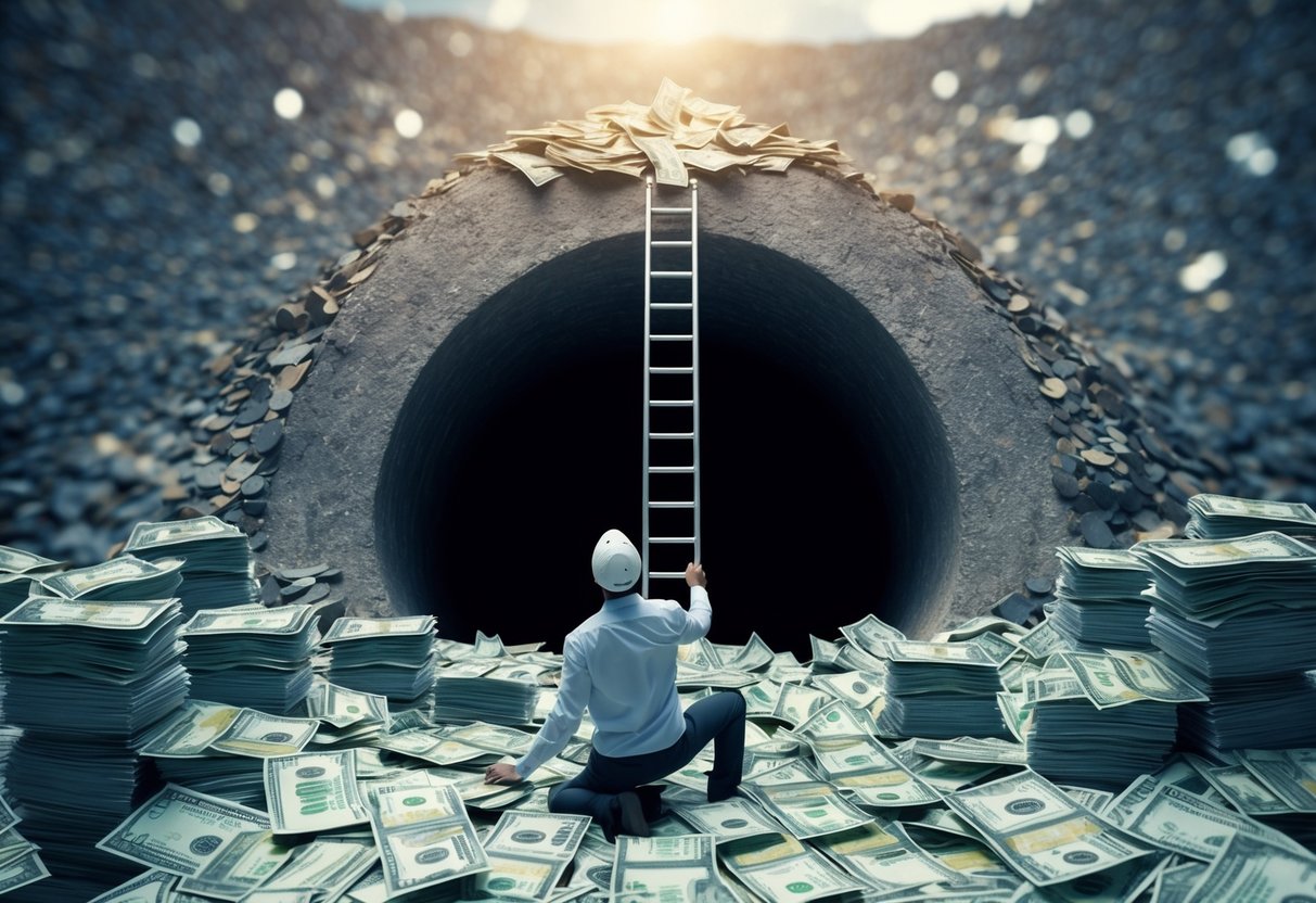 Una persona rodeada de montones de facturas y un agujero profundo, mirando hacia arriba a una escalera que lleva fuera del agujero, con un camino claro hacia la estabilidad financiera arriba.