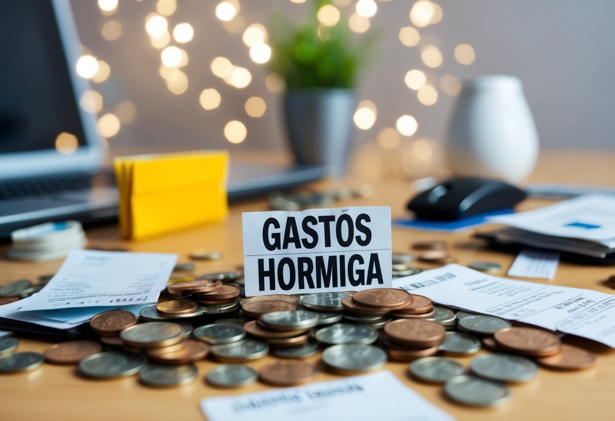 Un escritorio desordenado con monedas esparcidas, pequeñas compras y recibos, que representa el impacto de los 'gastos hormiga' en las finanzas.
