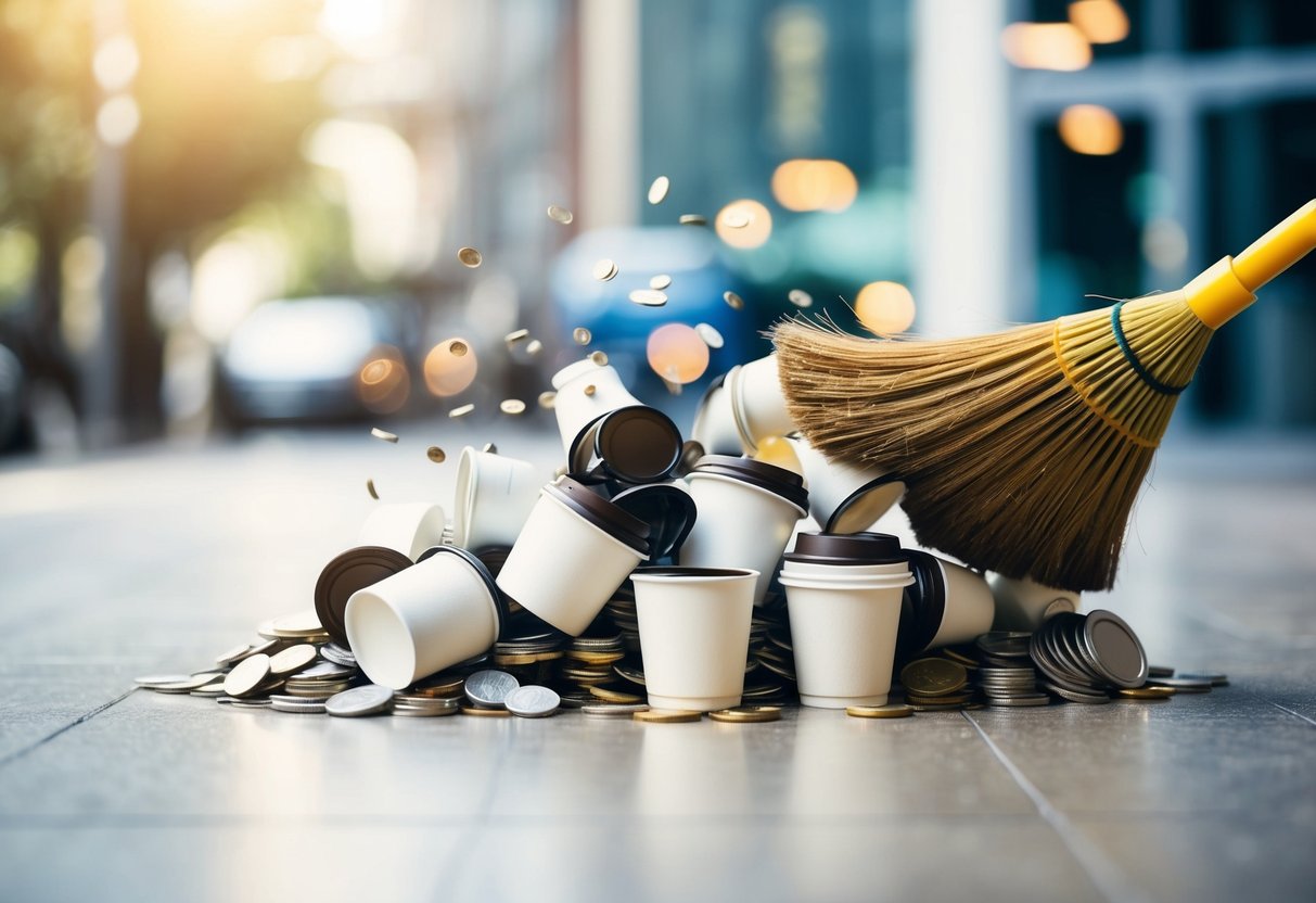 Un montón de pequeños gastos, como tazas de café y monedas sueltas, siendo barridos por una escoba.