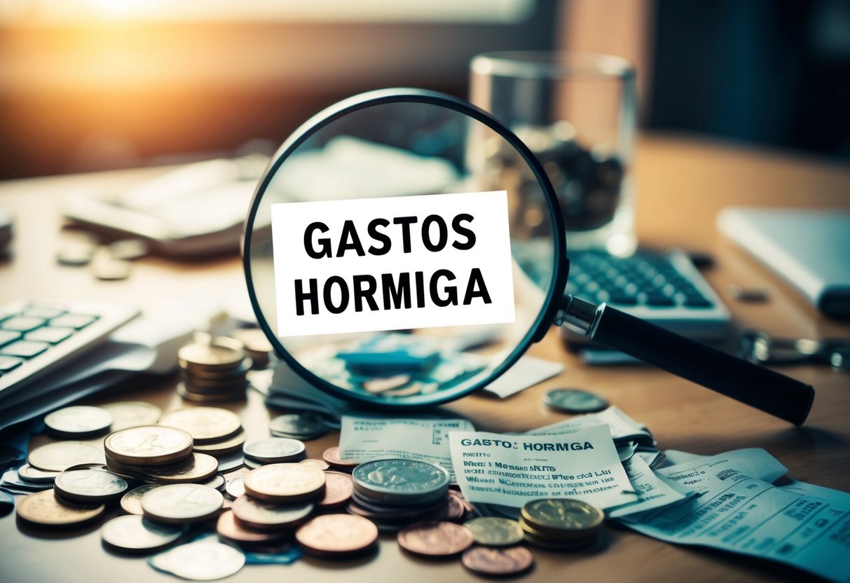 Un escritorio desordenado con monedas, recibos y pequeños objetos esparcidos. Una lupa se cierne sobre el desorden, destacando los "gastos hormiga" que deben ser eliminados.