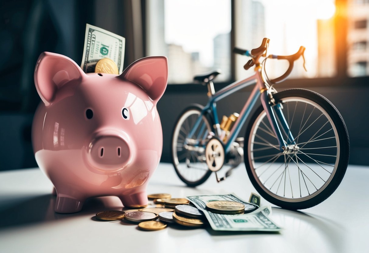 Una alcancía está sobre una mesa, desbordándose de monedas y billetes. Un ciclo roto yace a su lado, simbolizando el final del ciclo de "ganar y gastarlo todo".