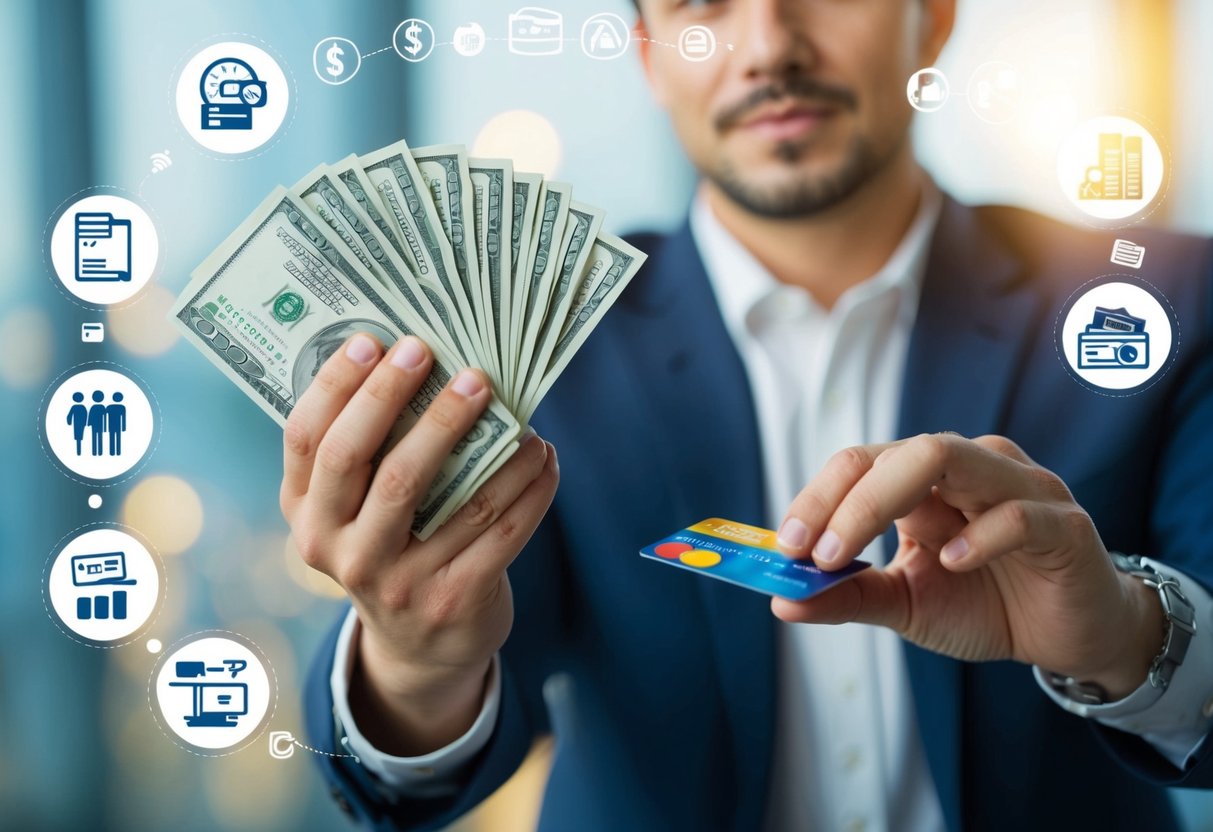Una persona sosteniendo un manojo de billetes en una mano mientras alcanza una tarjeta de crédito con la otra, rodeada de varios símbolos que representan hábitos de gasto y estrés financiero
