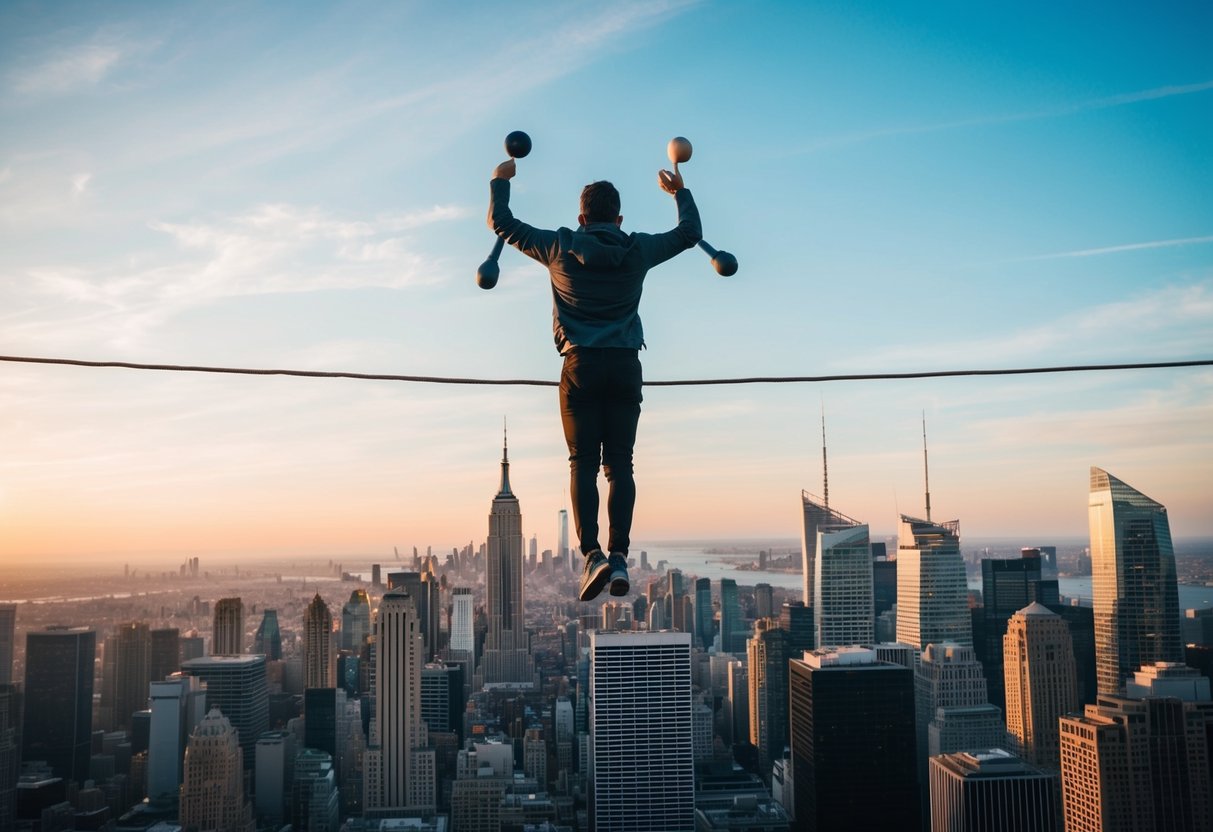 Una persona de pie en una cuerda floja, alta sobre el horizonte de una ciudad, malabareando múltiples objetos mientras intenta mantener el equilibrio.