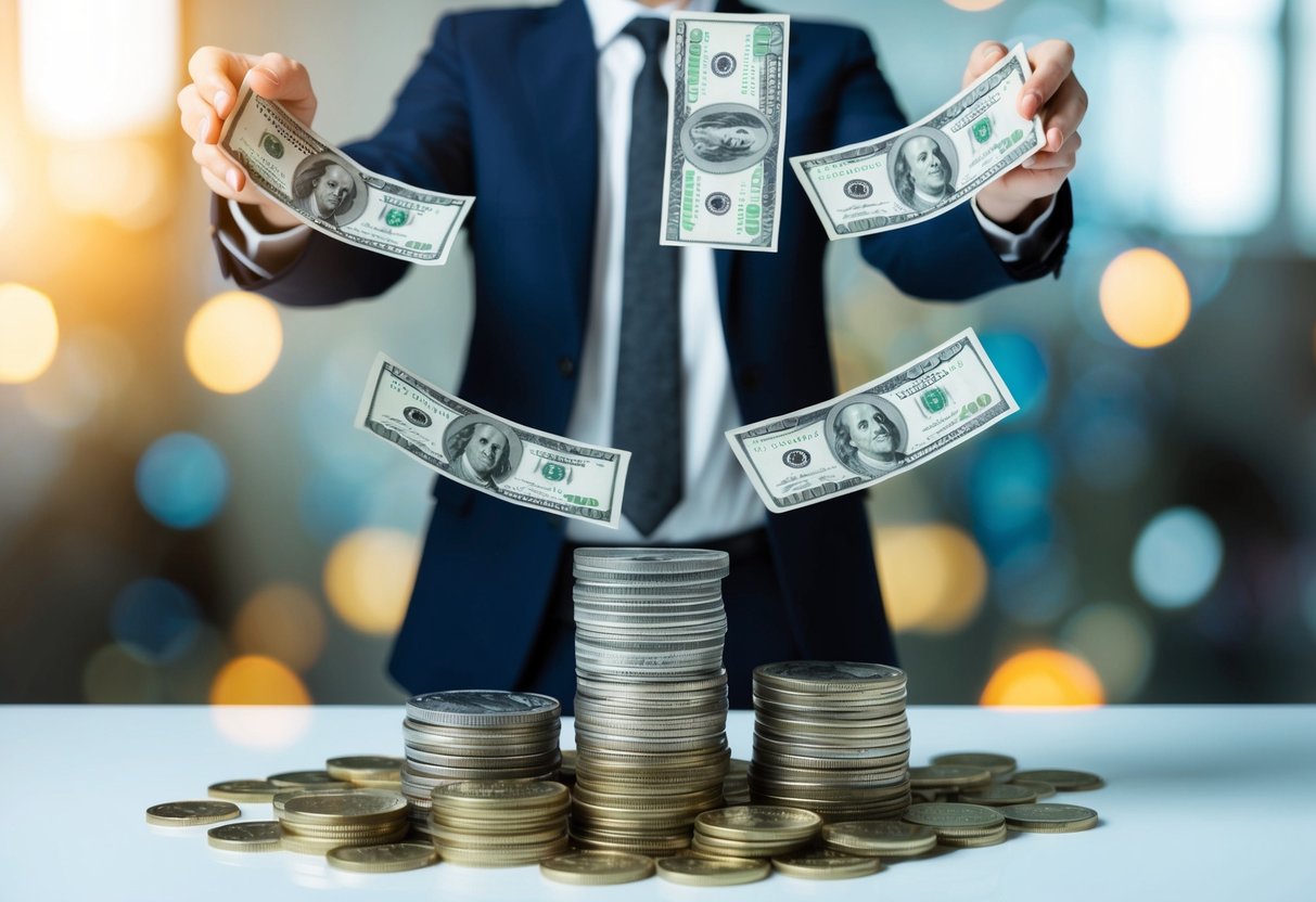 Una persona malabareando múltiples facturas gigantes mientras está de pie sobre una inestable pila de monedas, rodeada de compras extravagantes.